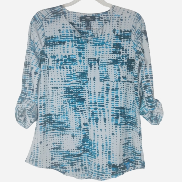 Land's End Outfitters Long Tab Sleeve Top AT&T Logo Blue Gray Pattern size US 4 - Picture 1 of 15